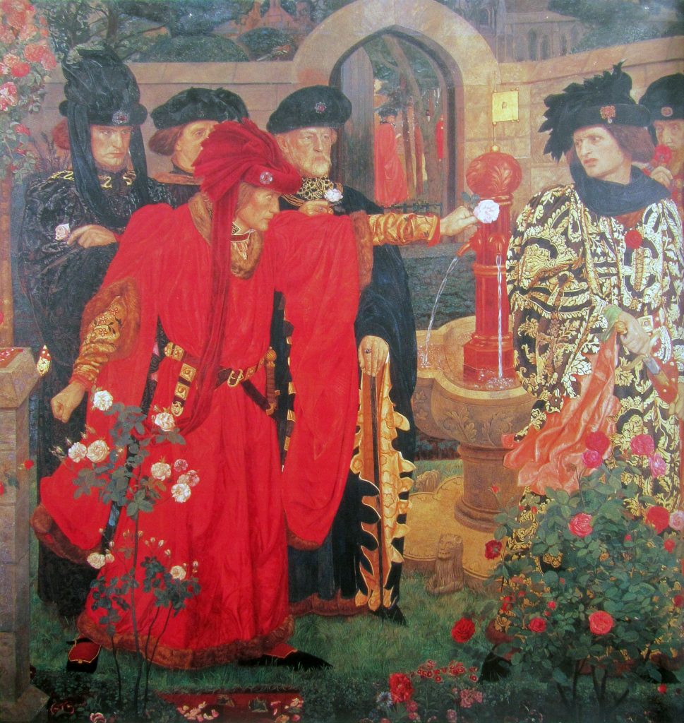 Henry Arthur Payne'i 1908. aasta maal kujutab Yorki hertsogit Richard Plantageneti ja Somerseti hertsogit Edmund Beauforti Londoni Templiaias omavahelises sõnasõjas roosipõõsalt punast ja valgt roosiõit noppimas.